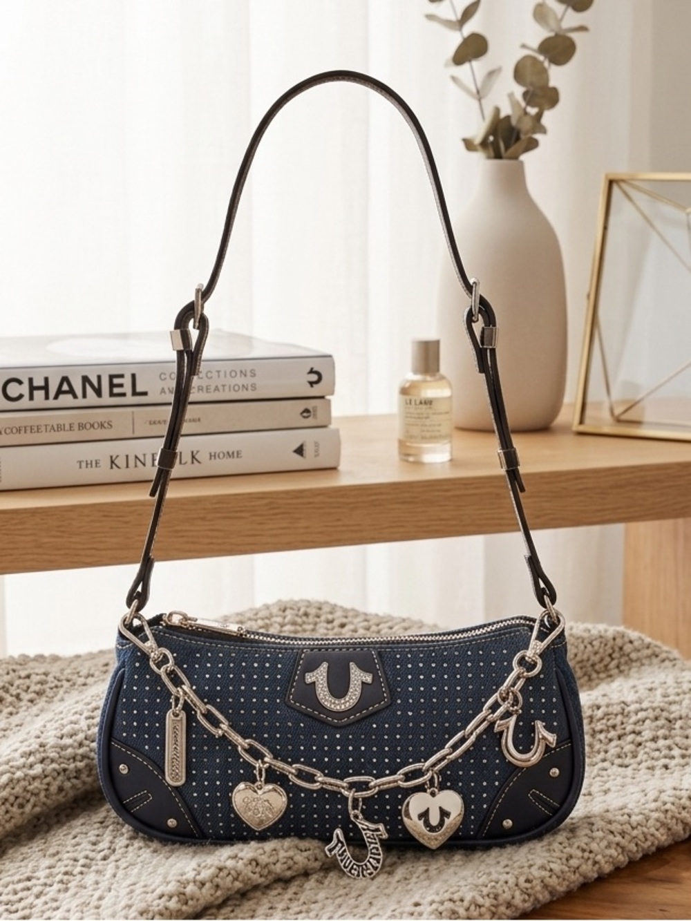 True Religion Denim Rhinestone Shoulder Bag with Bag Charm